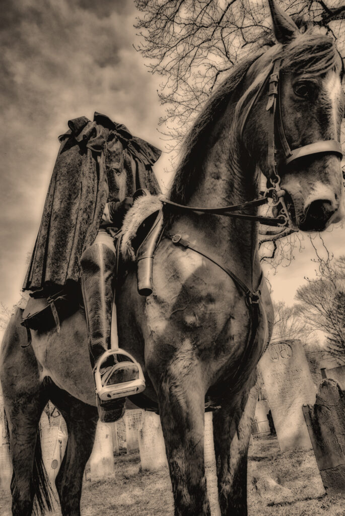 The Headless Horseman on his horse in Sleepy Hollow Cemetery.