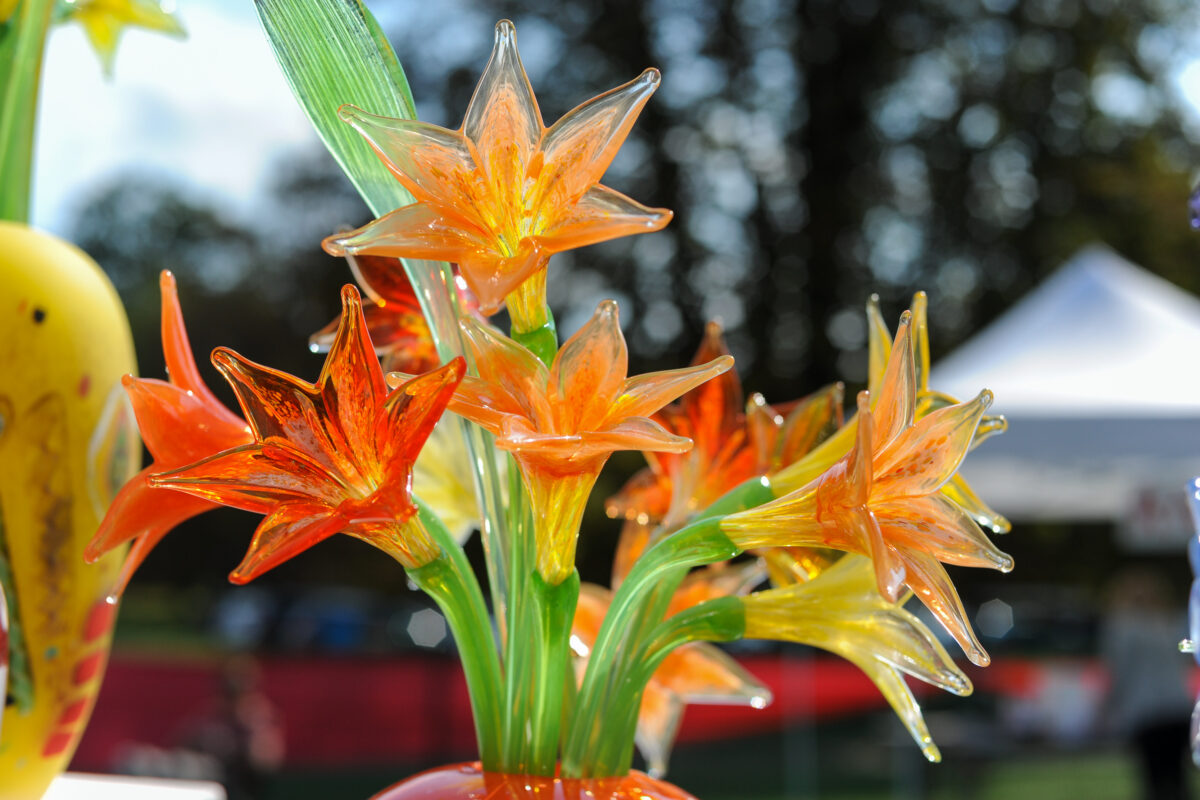 Hand made glass art objects on display at Crafts at Lyndhurst.
