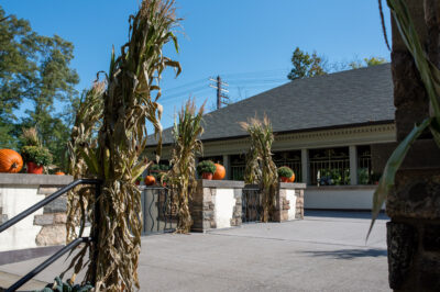 Kathryn W. Davis RiverWalk Center in Sleepy Hollow is decorated with sheaves of corn, pumpkins and chrysanthemums ahead of Oktoberfest celebration.
