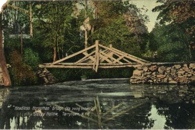 This historic postcard shows the Albany Post Road bridge over the Pocantico River as Washington Irving would have known it.