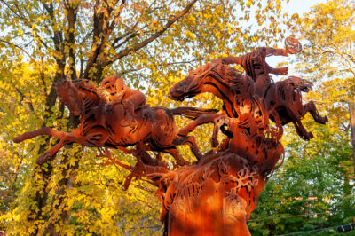 The steel sculpture of the headless horseman and Ichabod Crane stands alongside Route 9 in Sleepy Hollow, NY.