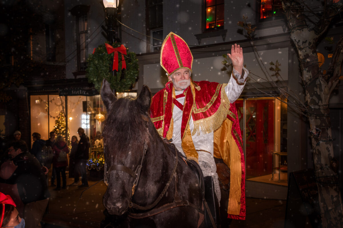 Horse and rider dressed as Sinterklaas on Main Street in Tarrytown