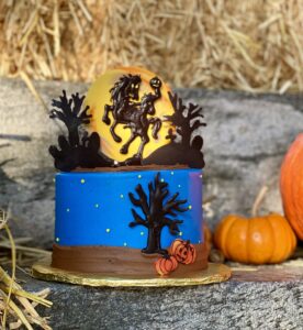 Headless horseman Halloween cake made by The Bakehouse in Tarrytown, New York.