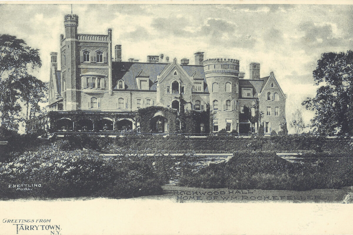Historic postcard showing Rockwood Hall, house of William Rockefeller, in North Tarrytown, New York.
