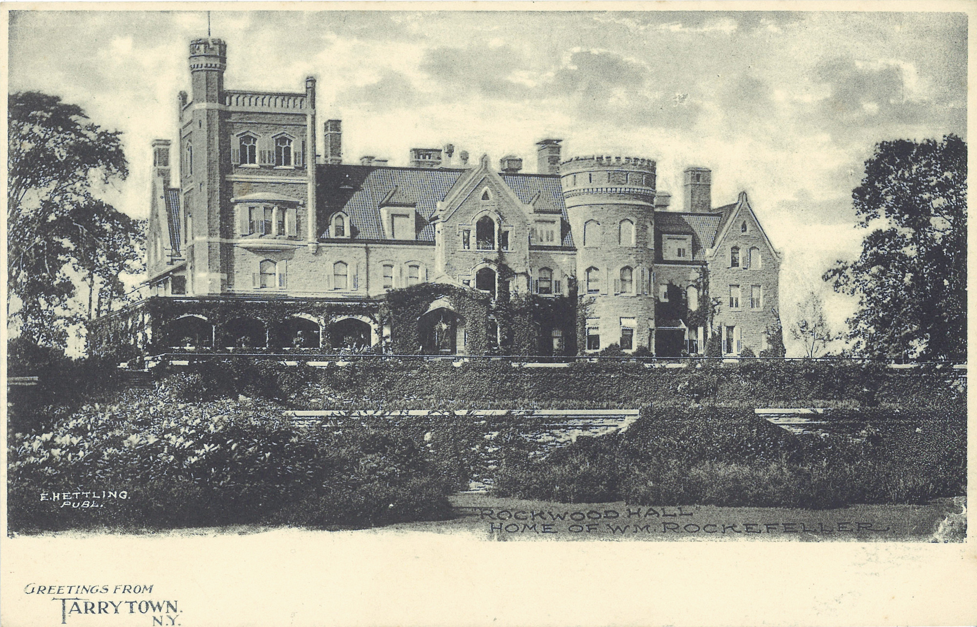 Historic postcard showing Rockwood Hall, house of William Rockefeller, in North Tarrytown, New York.