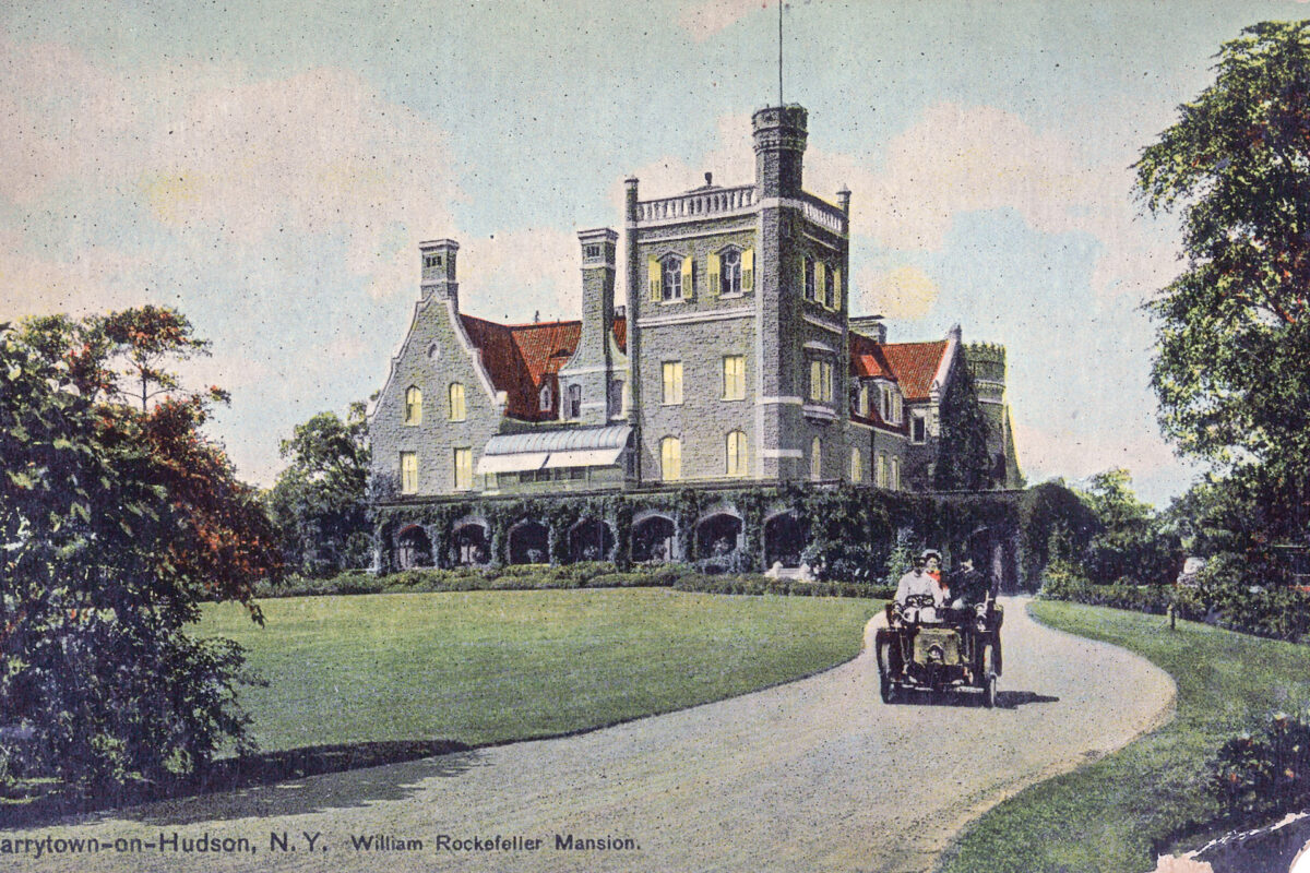 Historic postcard showing Rockwood Hall, house of William Rockefeller, in North Tarrytown, New York.