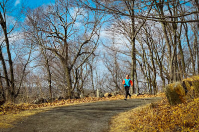 A runner on the Ash Tree Loop trail of Rockefeller State Park Preserve practices for Rocky’s 5K.