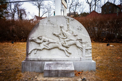This granite sculpture by Michael Gressel depicts the hapless Ichabod Crane fleeing for his life from the Headless Horseman.