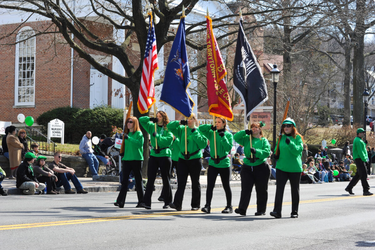 Sleepy Hollow St. Patrick's parade marching north on Route 9 past Reformed Church.