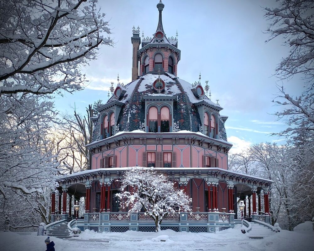 Irvington's octagon house is covered in snow.