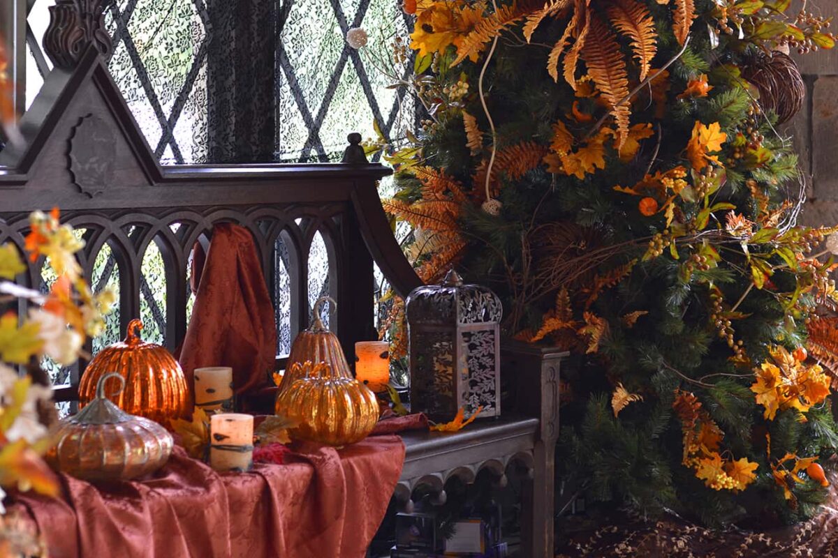 The vestibule at Lyndhurst Mansion in Tarrytown is decorated for Fall season.