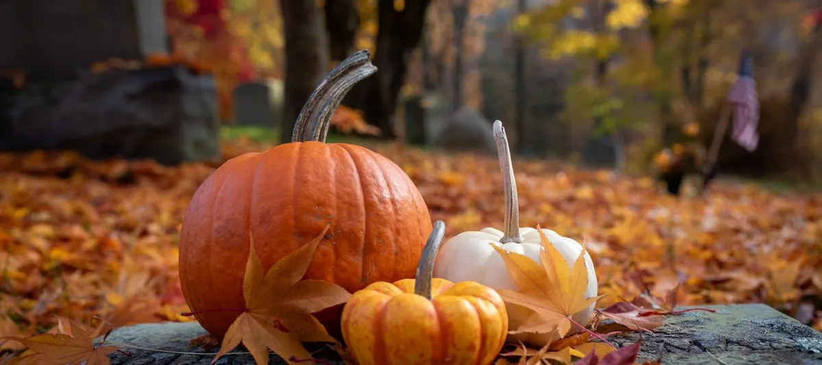 Pumpkins appear on a stone in Sleepy Hollow Cemetery.