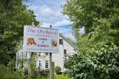 The farm and market sign for The Orchards of Concklin is framed by green trees.