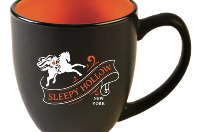Our matte black bistro mug features the Headless Horseman and his hometown of Sleepy Hollow, New York.