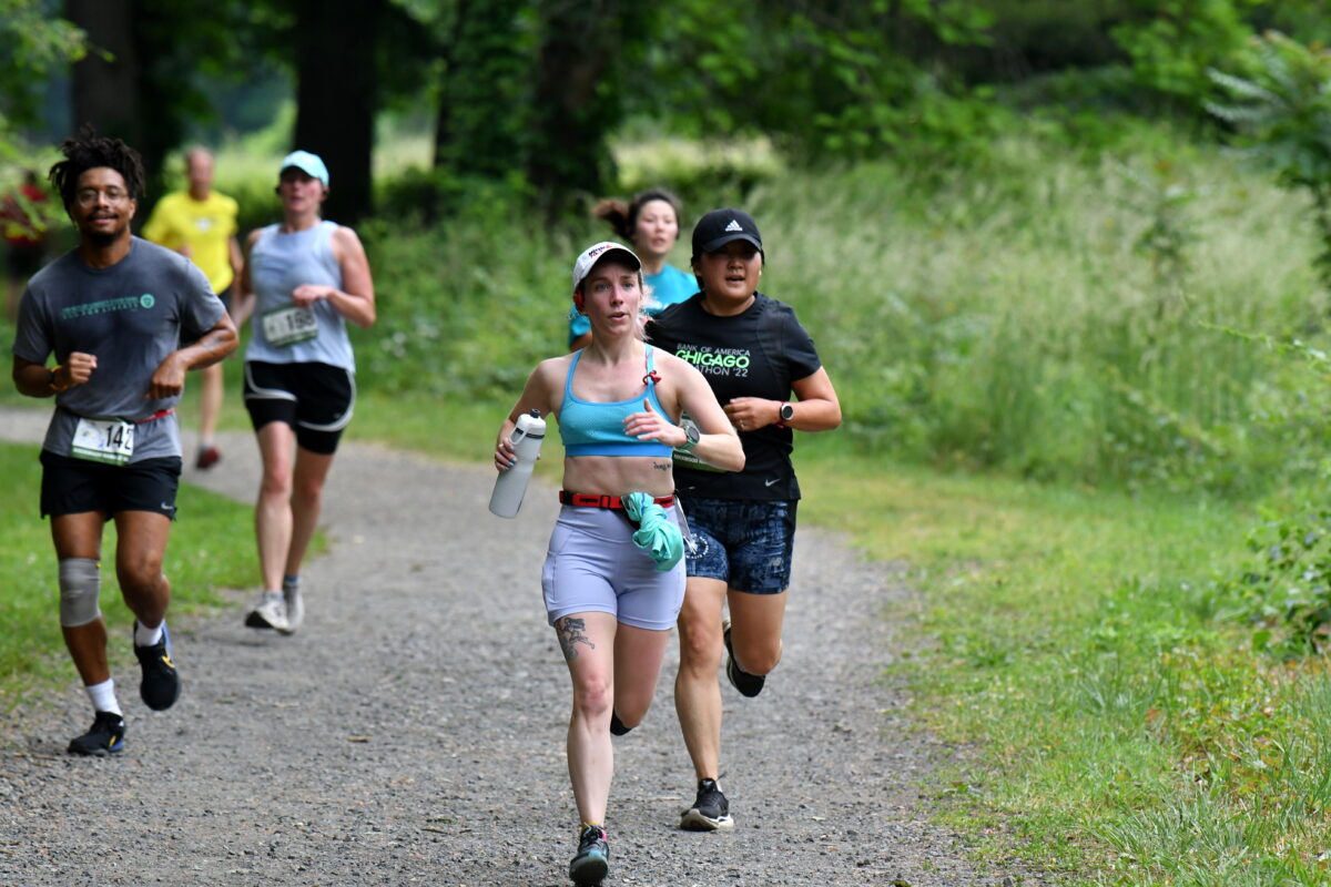 Runners on the course of the Rockwood Ramble 10K at Rockefeller State Park Preserve.