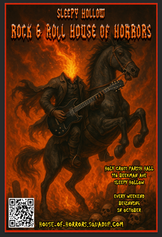 This is a promotional image for Sleepy Hollow Rock & Roll House of Horrors.
