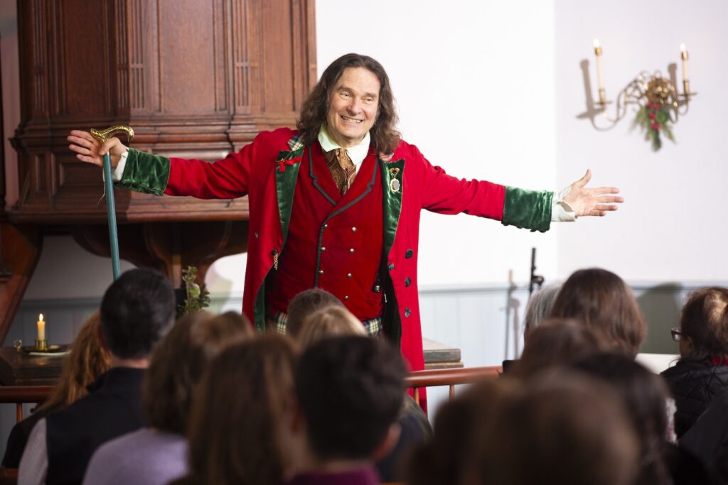 This is a view of the Dickens’s Christmas Carol performed by Jonathan Kruk at The Old Dutch Church in Sleepy Hollow, N.Y. on December 17, 2023.