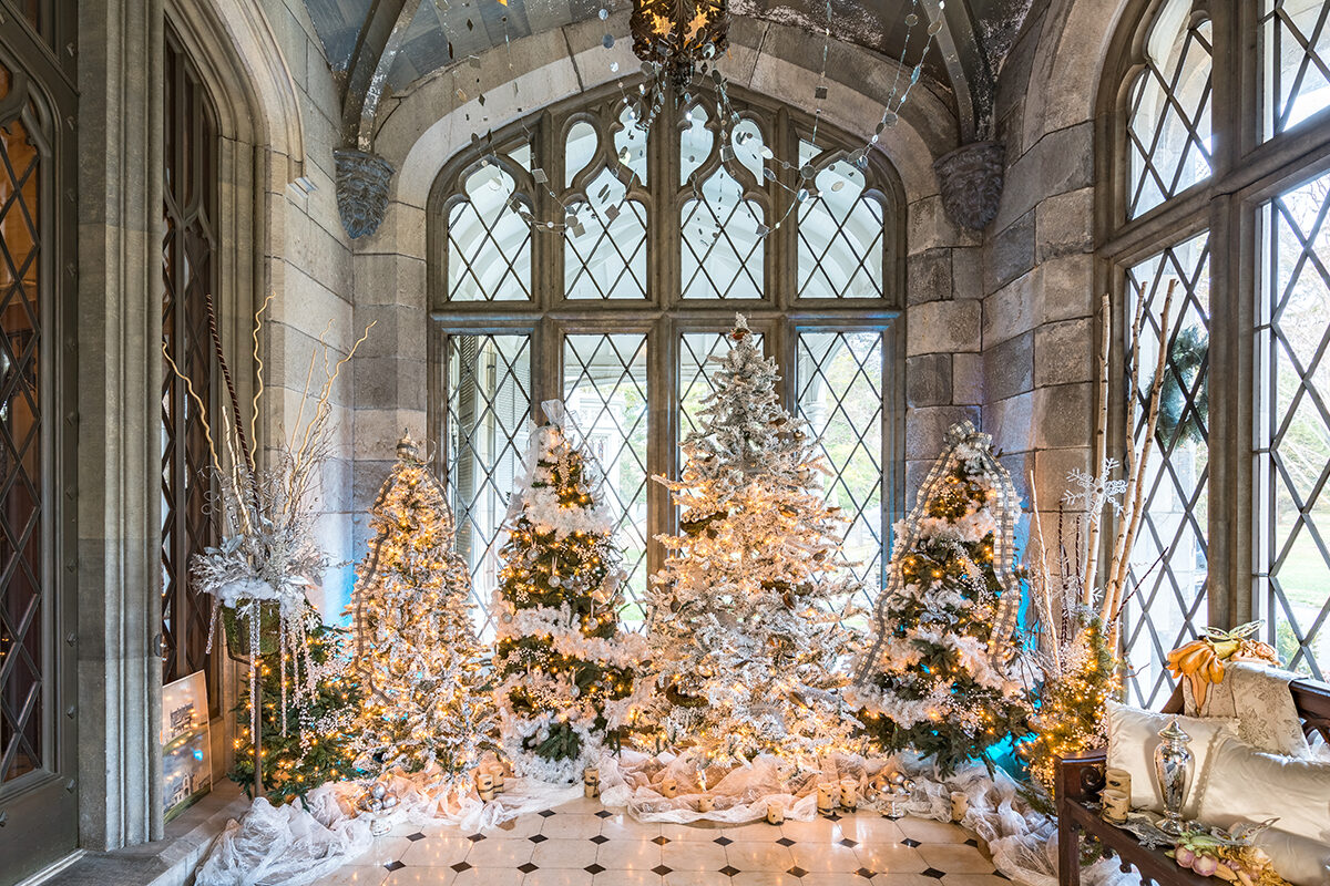 The vestibule at Lyndhurst Mansion in Tarrytown, NY is decorated for Christmas.