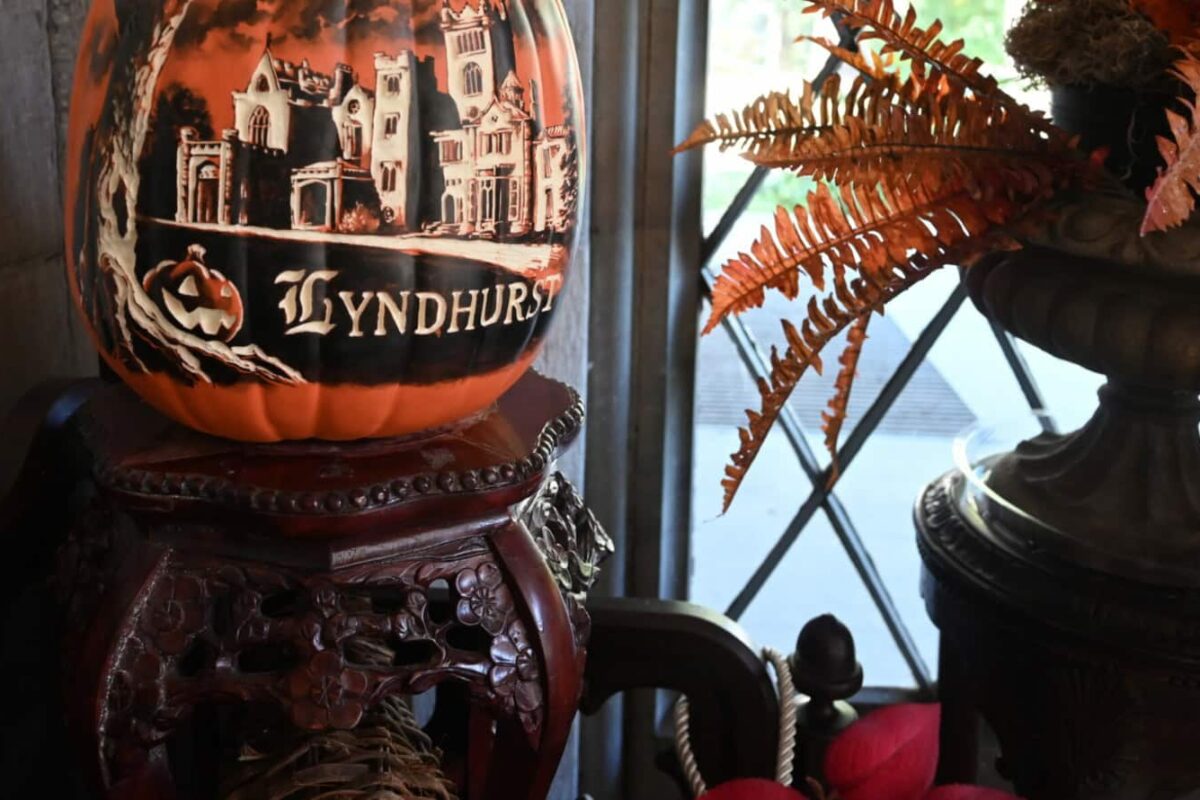 Gothic display of a carved Jack O'Lantern at Lyndhurst Mansion in Tarrytown.