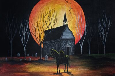 Painting by Heather Gleason of a headless horseman in front of Sleepy Hollow's Old Dutch Church and a full moon.