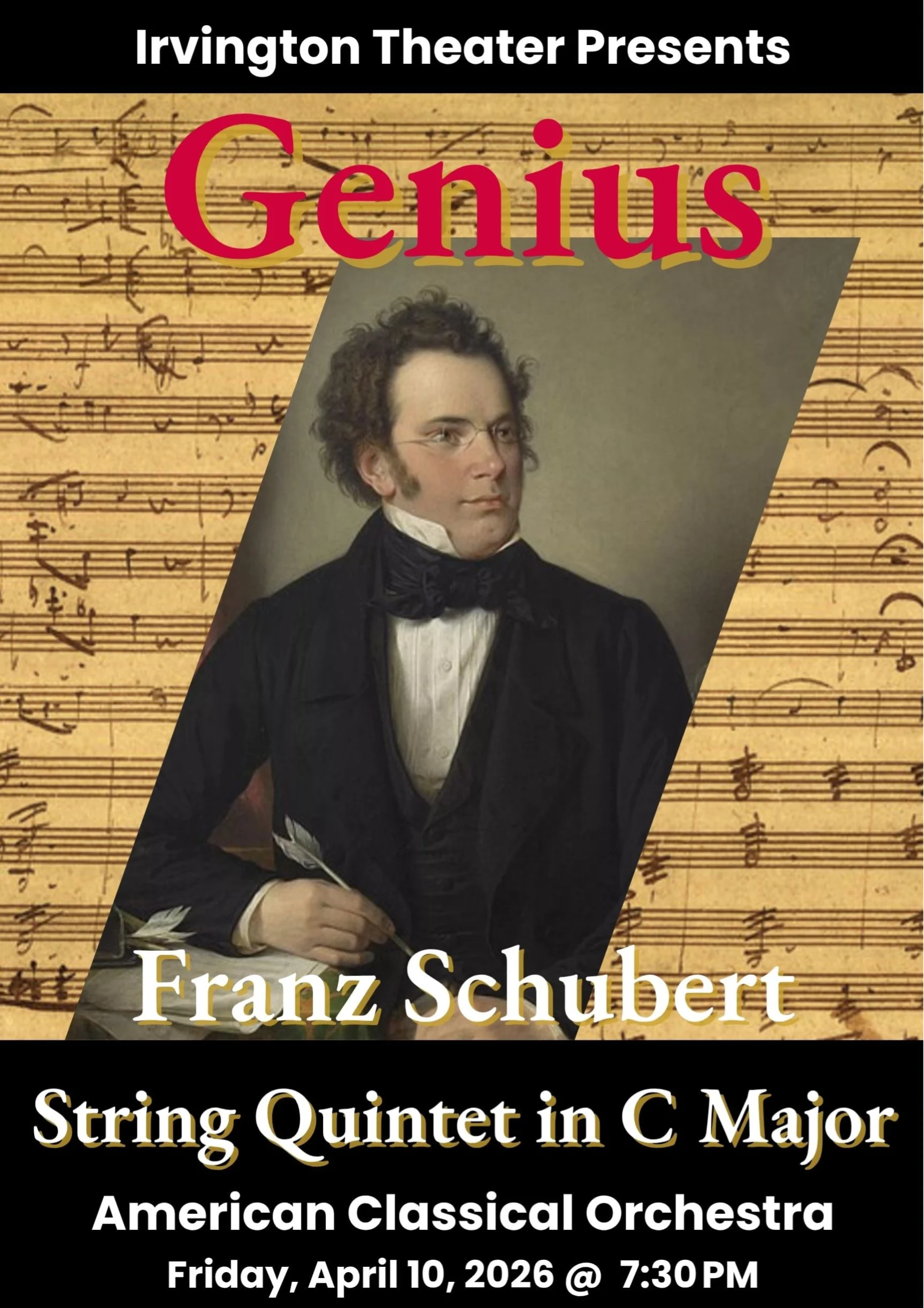This is a promotional for American Classical Orchestra's performance of Franz Schubert's String Quintet in C Major at Irvington Theater.