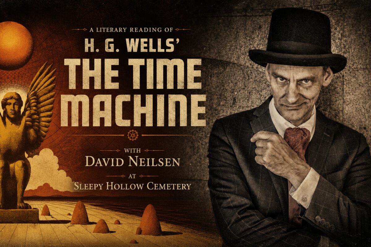 Promotional poster for "The Time Machine," a literary reading of H.G. Wells' novel with performer David Neilsen at Sleepy Hollow Cemetery, featuring a golden winged sphinx statue beside a Victorian-era man in a top hat and paisley cravat.