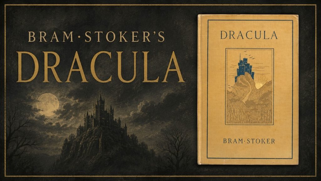 Gothic-themed poster for "Bram Stoker's Dracula" featuring a moonlit silhouette of a castle on a hilltop beside a vintage antique hardcover edition of the novel "Dracula" by Bram Stoker with a gold-embossed castle illustration on its cover.