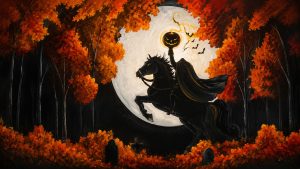 Halloween-themed folk art painting by Heather Gleason of the Headless Horseman on a rearing black horse, carrying a glowing jack-o'-lantern, silhouetted against a full moon and framed by autumn trees in orange, red, and black tones.