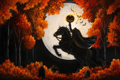 Halloween-themed folk art painting by Heather Gleason of the Headless Horseman on a rearing black horse, carrying a glowing jack-o'-lantern, silhouetted against a full moon and framed by autumn trees in orange, red, and black tones.