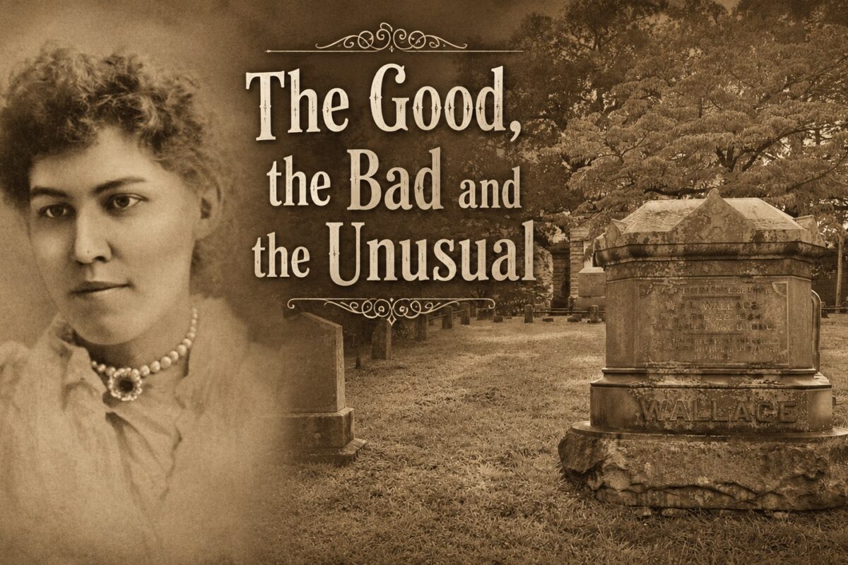 Sepia-toned promotional image with a portrait of poet Minna Irving on the left and the Wallace family monument, marking the grave of chocolatier William Wallace, on the right at Sleepy Hollow Cemetery.